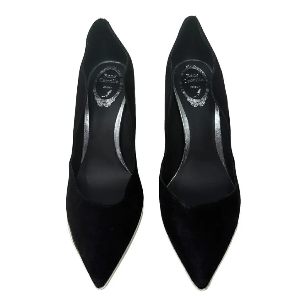 Rare Rene Caovilla Tessa Black Suede Scalloped Edges Pointed Toe Heels Pumps 9